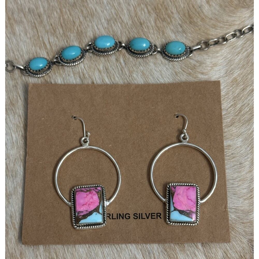 Native American SW Sterling Silver Cotton Candy Dahlia Hoop earrings Rectangles